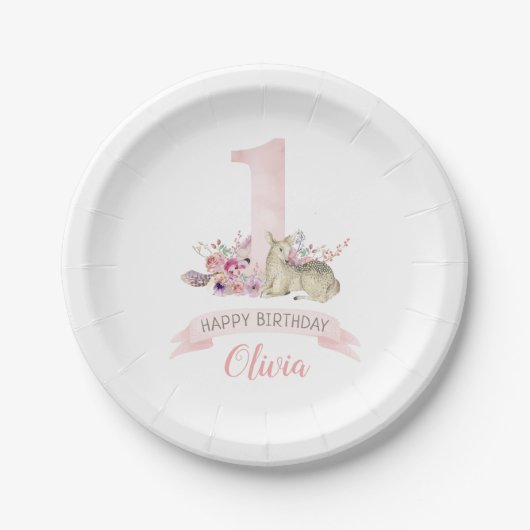 Little Deer First Birthday Party - Gepersonaliseer Papieren Bordje (Voorkant)