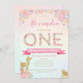 Little Deer Floral First Birthday Invitation Kaart (Voorkant / Achterkant)
