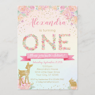 Little Deer Floral First Birthday Invitation Kaart