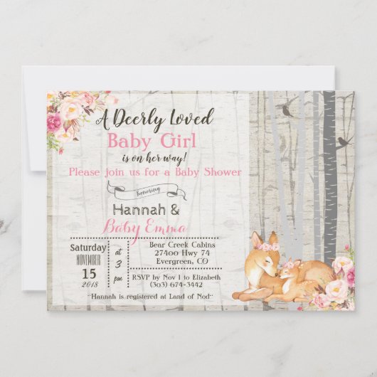 Little Deer Meisje Bloemen Baby shower Invitation Kaart (Voorkant)