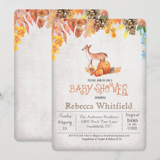 Little Deer Pumpkin Baby shower Invitation Kaart (Voorkant / Achterkant)