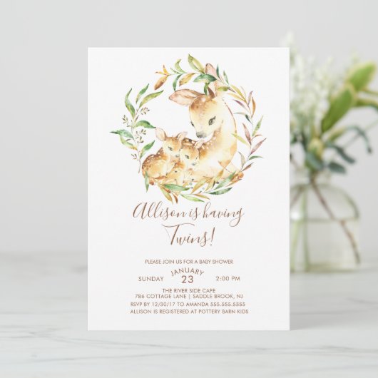 Little Deer Twins Baby Douche Uitnodigingen (Staand voorkant)