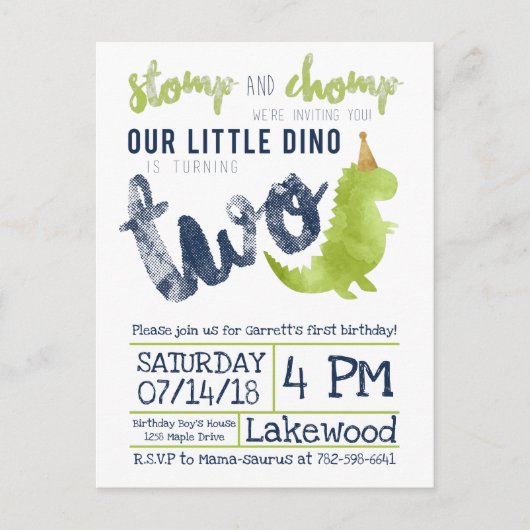 Little Dino 2nd Birthday Dinosaur thema Boy Navy Briefkaart (Voorkant)