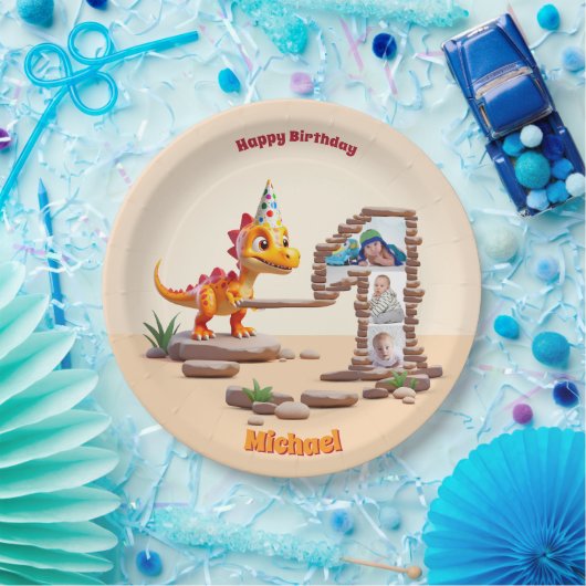 Little Dino Dragon | Foto groot nummer 1e verjaard Papieren Bordje (Feest)