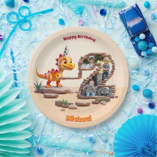 Little Dino Dragon | Foto groot nummer 2e verjaard Papieren Bordje (Feest)