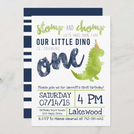 Little Dino Eerste Verjaardag Dinosaurus thema Jon Kaart (Voorkant / Achterkant)