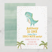 Little Dino First Birthday Party Invite Kaart (Voorkant / Achterkant)