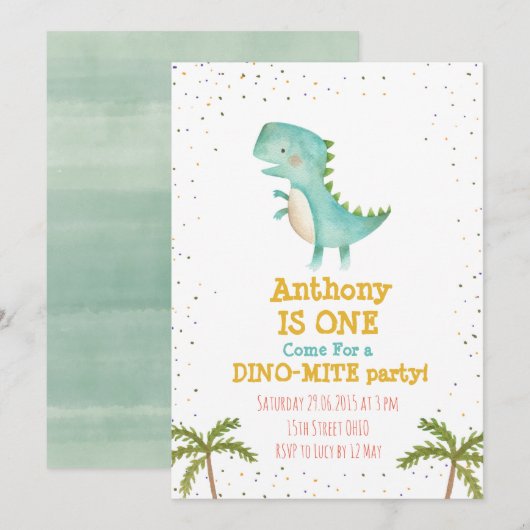 Little Dino First Birthday Party Invite Kaart (Voorkant / Achterkant)