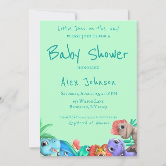 Little Dino on the Way Greenery Baby shower Kaart (Voorkant)