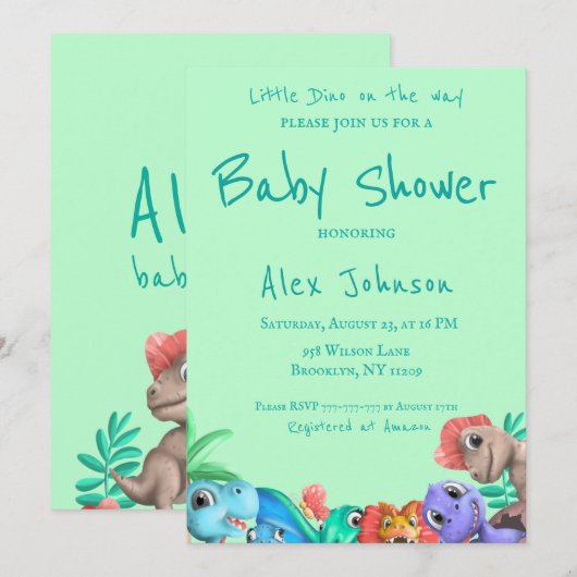Little Dino on the Way Greenery Baby shower Kaart (Voorkant / Achterkant)