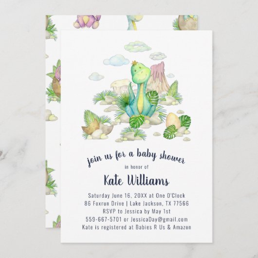 Little Dinosaur Baby shower Invitation Kaart (Voorkant / Achterkant)