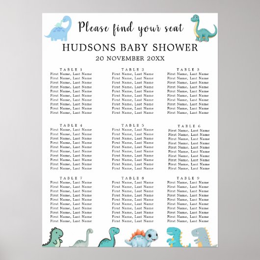 Little Dinosaur Cute Baby Shower Seating Charts Poster (Voorkant)