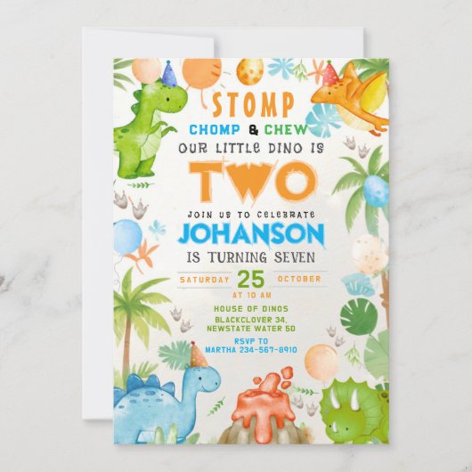 Little Dinosaur Stomp en Chomp verjaardagsfeestje Kaart (Voorkant)