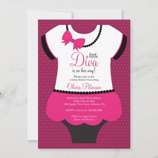 Little Diva Baby shower Invitation, roze, zwart Kaart (Voorkant)
