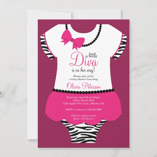 Little Diva Baby shower Invitation, Zebra, Roze Kaart (Voorkant)