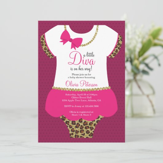 Little Diva Baby shower Uitnodigen, Cheetah, Faux  Kaart (Staand voorkant)