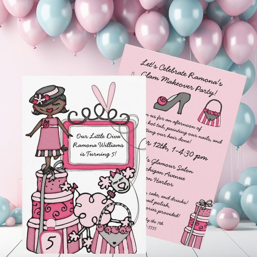 Little Diva Girls Makoverspa Day Birthday Invite Kaart