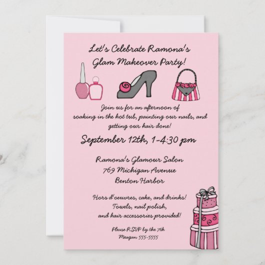 Little Diva Girls Makoverspa Day Birthday Invite Kaart (Achterkant)