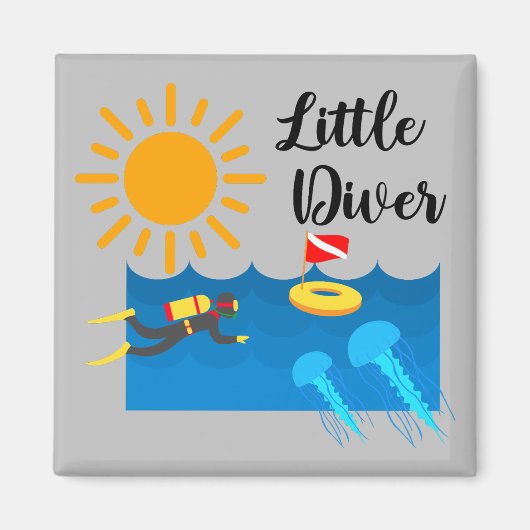 Little Diver met Jelly Fish - Square Magnet (Voorkant)