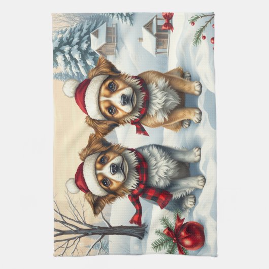 Little Dogs in Preppy Winter Attire and Hat Winter Theedoek (Verticaal)