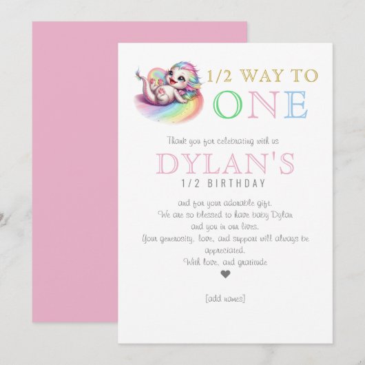 Little Dragon Halfway to One Pink 6 maanden Verjaa Bedankkaart (Voorkant / Achterkant)