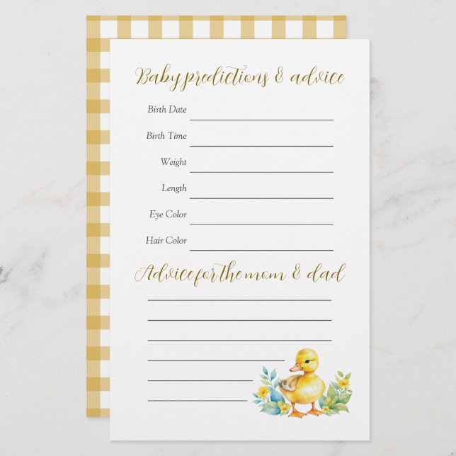 Little Duckling Duck Baby shower Guessing spel (Voorkant / Achterkant)