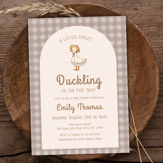 Little Duckling Farmhouse Gingham Baby shower Kaart