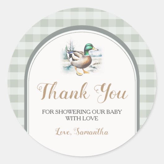 Little Duckling Gingham Baby shower Bedankt Ronde Sticker (Voorkant)