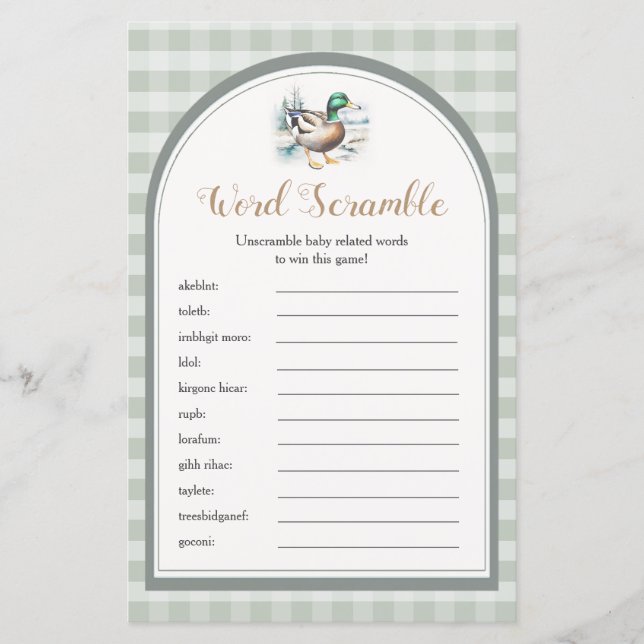 Little Duckling Gingham Baby shower Word Scramble (Voorkant)