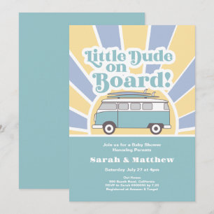 Little Dude aan boord van een retro baby shower Kaart