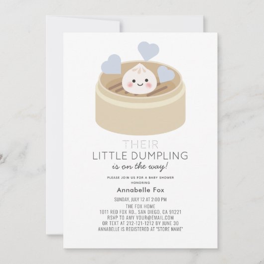Little Dumpling Blue Baby shower Invitation Kaart (Voorkant)