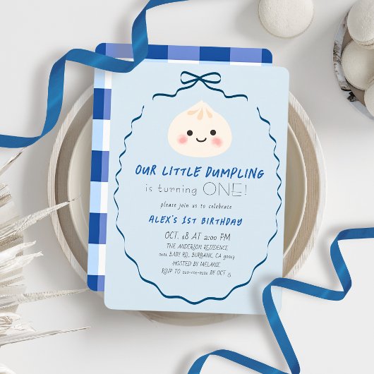 Little Dumpling Blue Bow Boy 1e Verjaardag Kaart