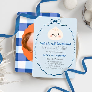 Little Dumpling Blue Bow Boy 1e verjaardagsfoto Kaart