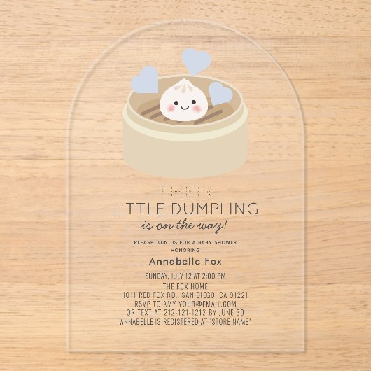 Little Dumpling Blue Boy Baby shower Acryl Uitnodigingen (Voorkant)