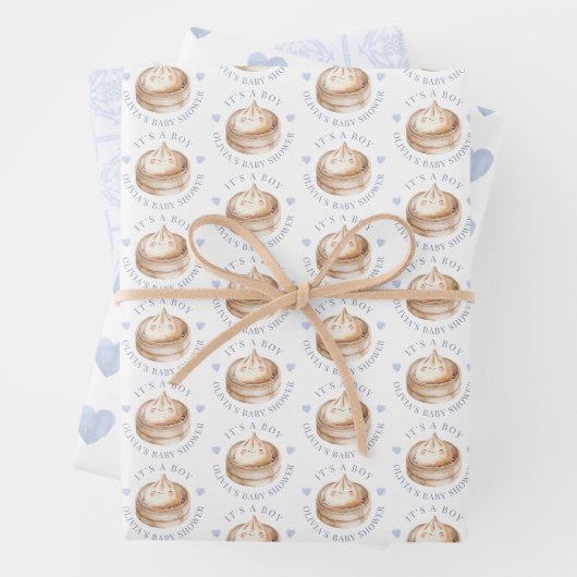 Little Dumpling Blue Waterverf Boy Baby shower Wr Inpakpapier Vel (In situ)