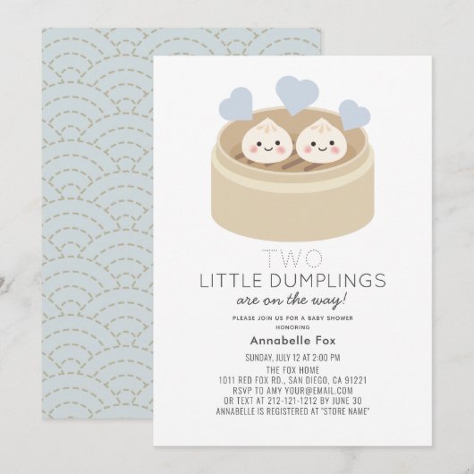 Little Dumpling Boy Twins Baby shower Invitation Kaart (Voorkant / Achterkant)
