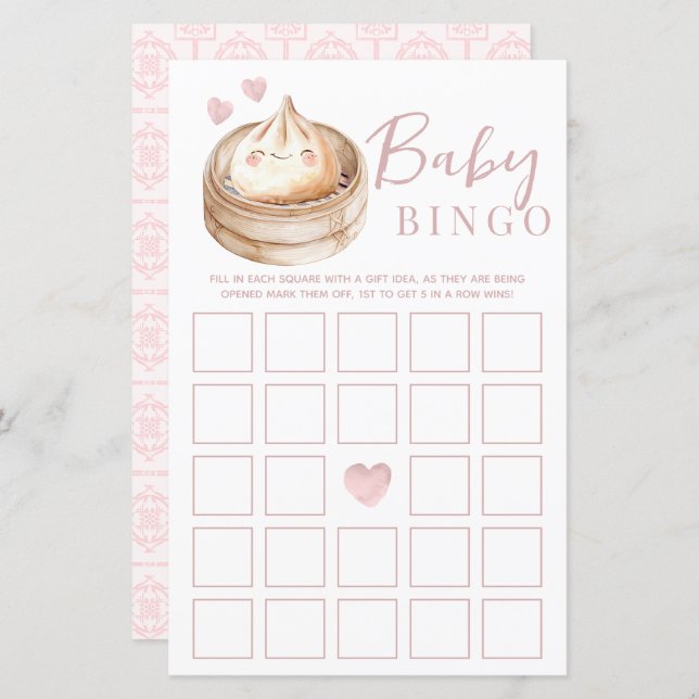 Little Dumpling Roze Baby shower Bingo Game Kaart  (Voorkant / Achterkant)