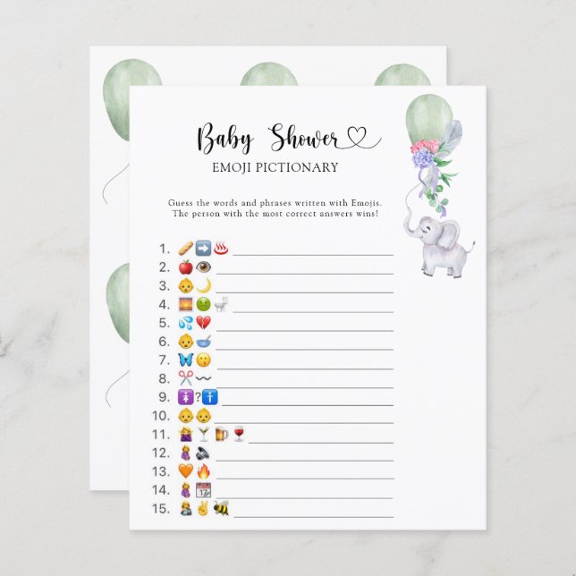 Little Elephant baby shower emoji pictionary game (Voorkant / Achterkant)