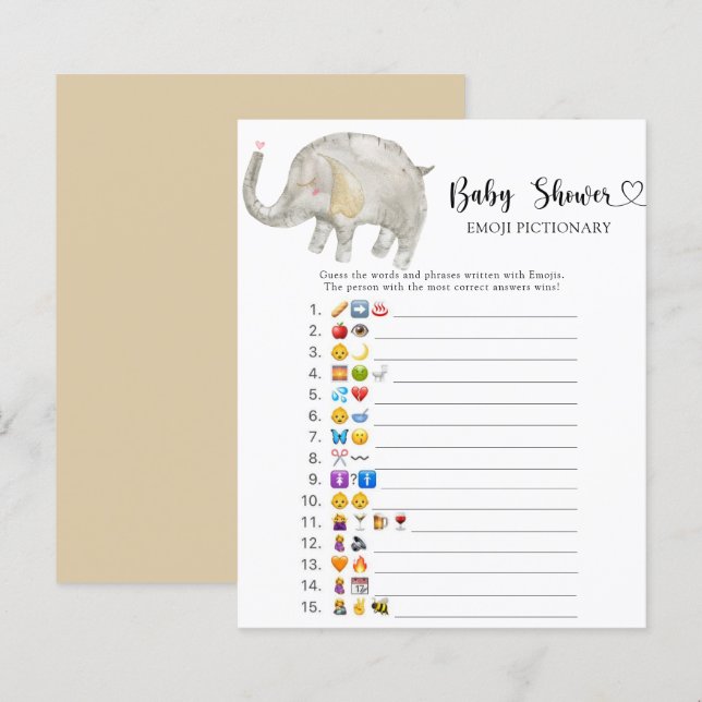Little Elephant baby shower emoji pictionary game (Voorkant / Achterkant)