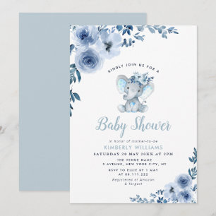 Little Elephant Blue Bloemen baby shower Kaart