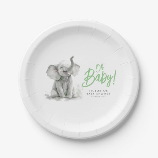 Little Elephant Cute Green Grey Baby shower Papieren Bordje (Voorkant)