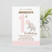 Little Elephant First Birthday Invitation (roze) Kaart (Staand voorkant)