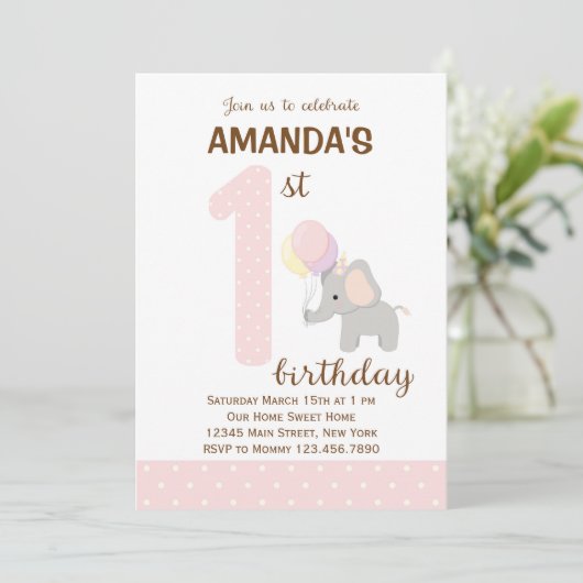 Little Elephant First Birthday Invitation (roze) Kaart (Staand voorkant)