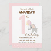 Little Elephant First Birthday Invitation (roze) Kaart (Voorkant / Achterkant)