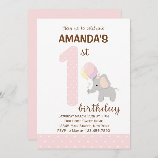 Little Elephant First Birthday Invitation (roze) Kaart (Voorkant / Achterkant)