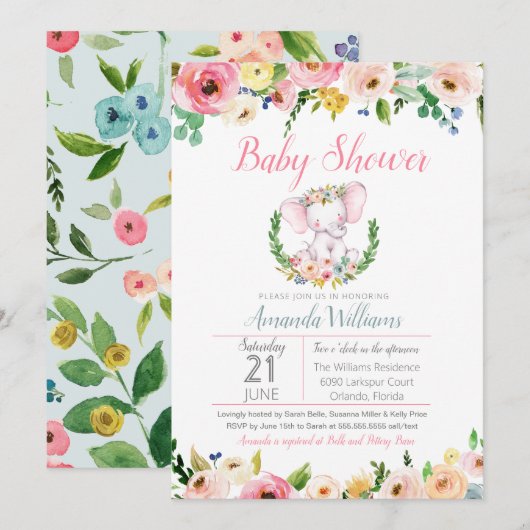 Little Elephant Spring Summer Flowers Baby shower Kaart (Voorkant / Achterkant)