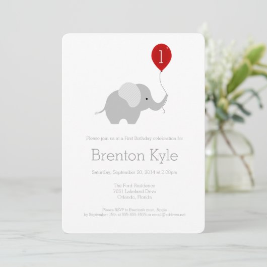Little Elephant with Balloon Birthday Invitation Kaart (Staand voorkant)