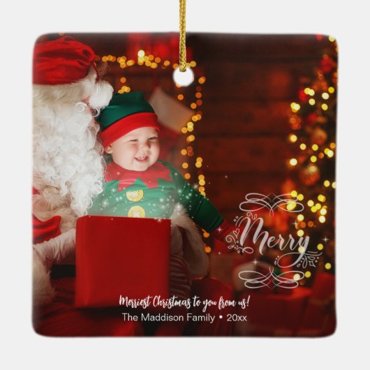 Little Elf Sees Santa Merry Vakantie Groeten Keramisch Ornament (Achterkant)