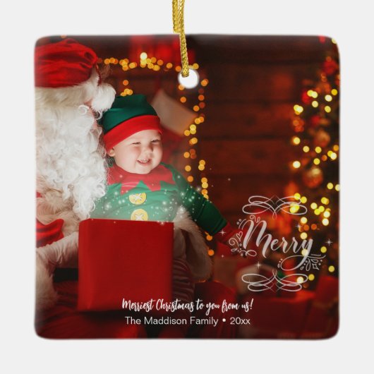Little Elf Sees Santa Merry Vakantie Groeten Keramisch Ornament (Voorkant)