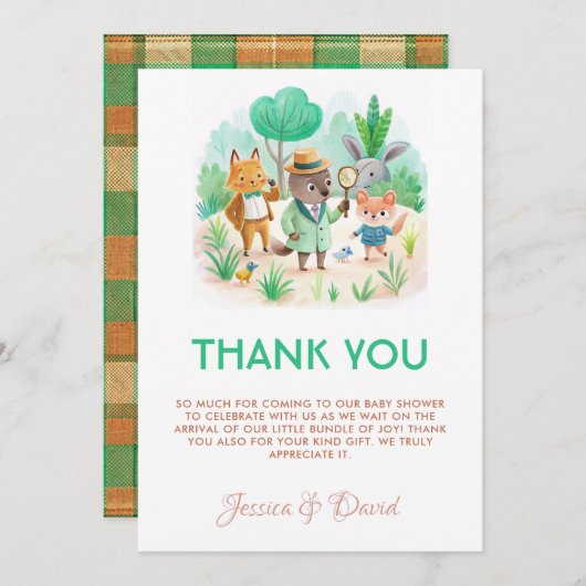 Little Explorer Bos Detective Boy Baby shower Bedankkaart (Voorkant / Achterkant)